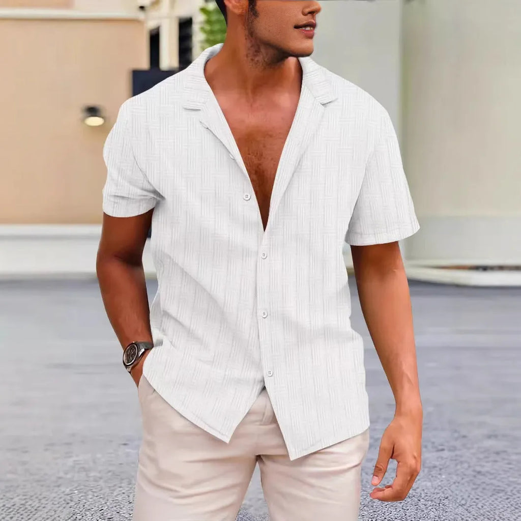 British-style corduroy summer shirt with lapels in solid colour with short sleeves