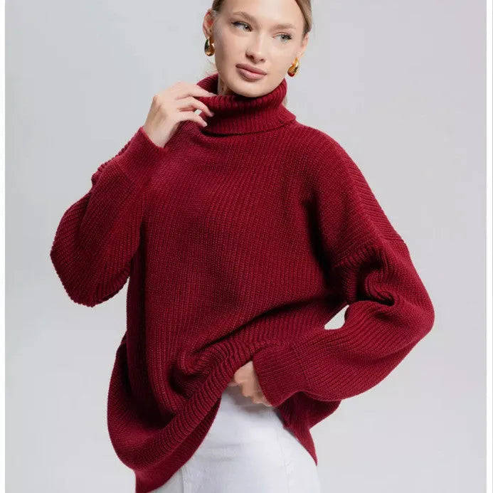Women's loose-fit high neck pullover sweater in thick imitation cashmere fabric with a 3D pattern.