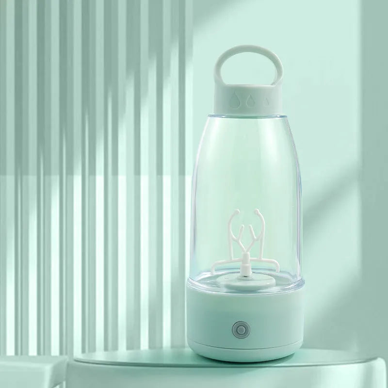 Automatic electric shaker bottle with USB port, handle, and blending blade in green, pink, or white.