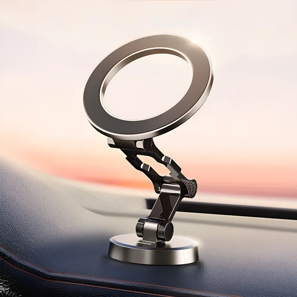 Black magnetic foldable metal car bracket for holding a smartphone in a vehicle