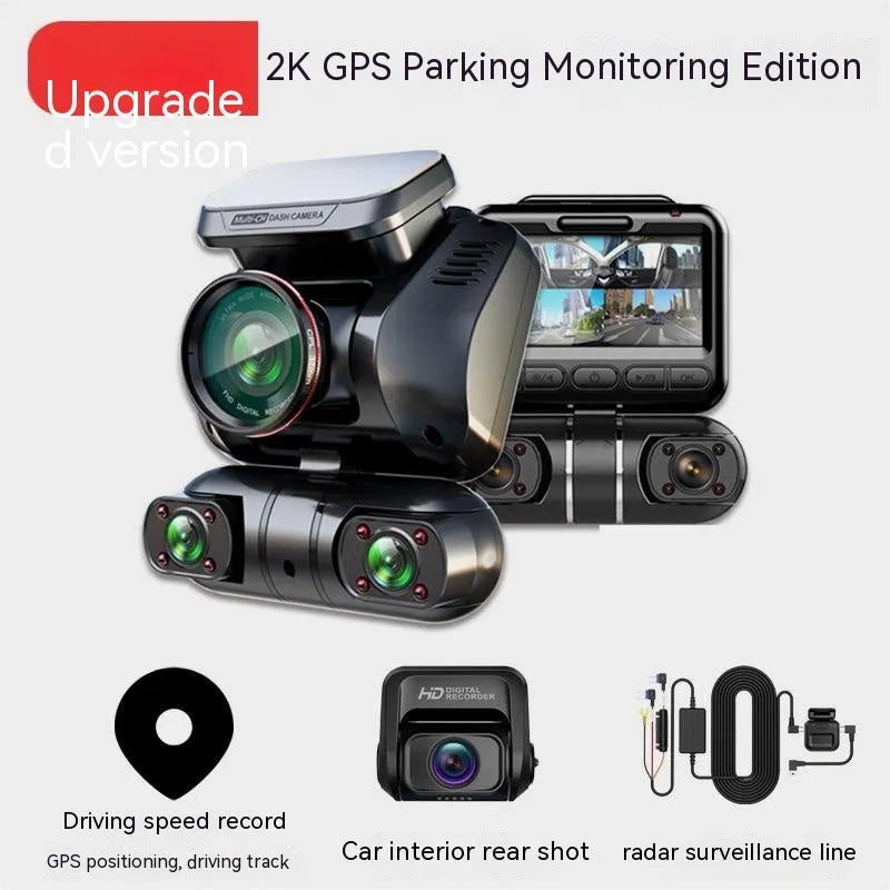 Multi-lens car dash cam with plastic housing, showing a 2-inch screen and button controls.