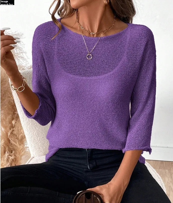 Women's knitted off-shoulder pullover top in thin polyester fabric with 3/4 sleeves, shown in multiple colours.