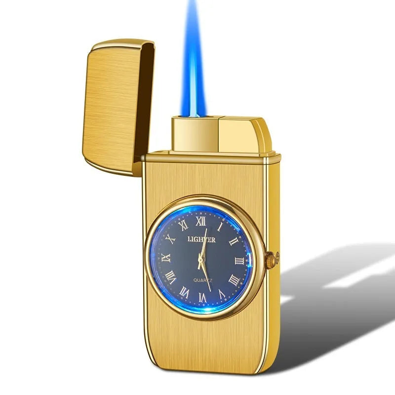 Multifunctional electronic watch and gas lighter with LED lamp in metal casing, shown in various brushed and textured finishes.