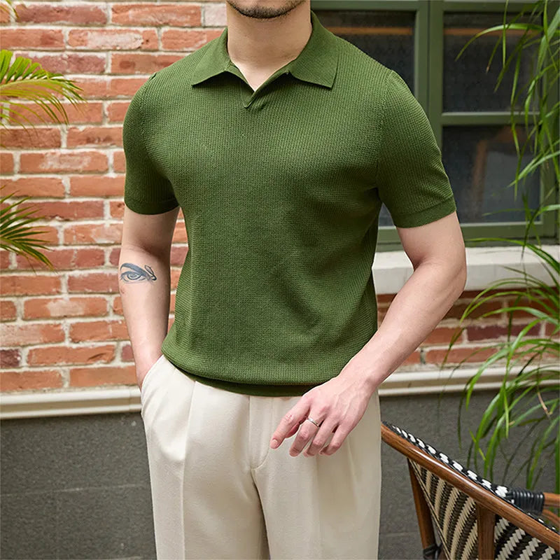 Men's casual knitwear top in 100% lyocell fibre with ribbed hemline, available in smoky gray, green, and white.