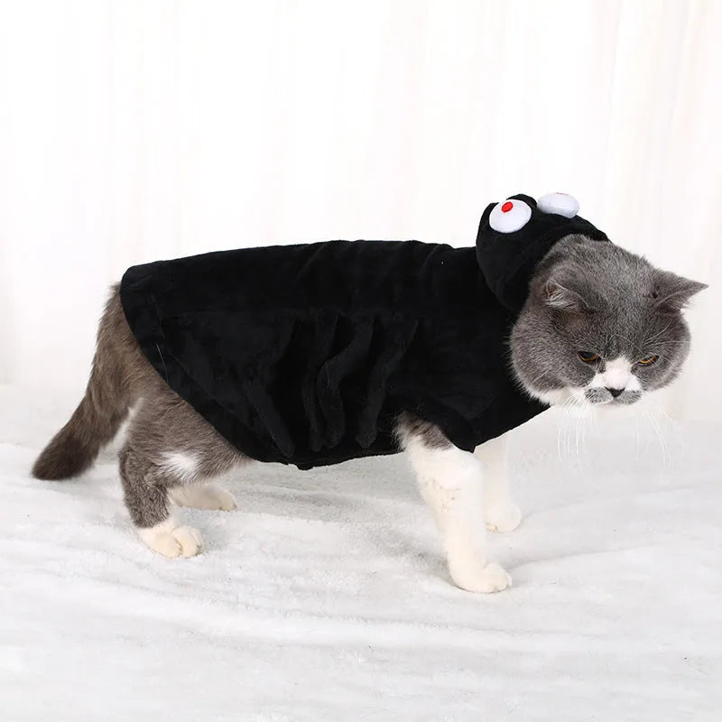 Spider pattern Halloween costume for a dog, shown in size small, medium, or large.