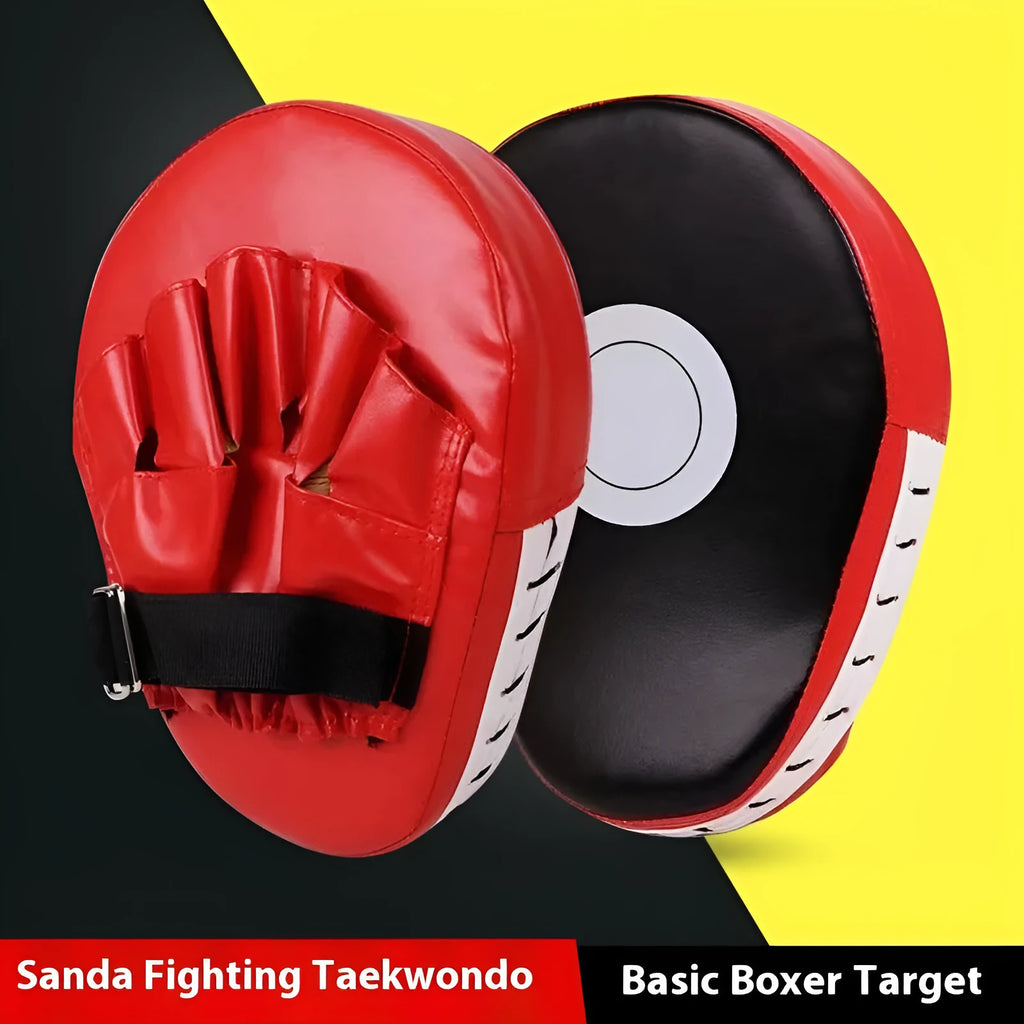 Curved red and black PU boxing punch mitts held vertically for martial arts training.