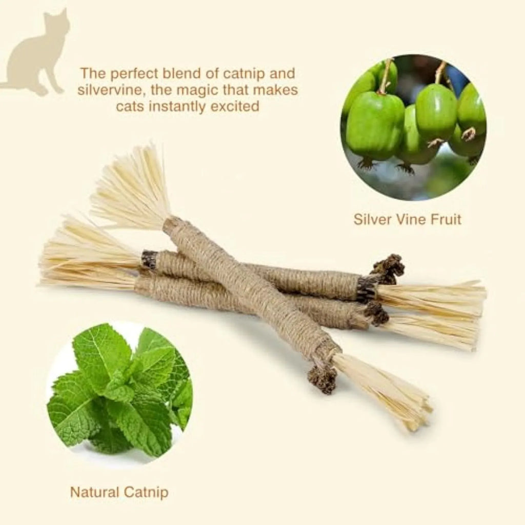 Pack of three natural silvervine chew sticks for cats with sisal rope and raffia texture