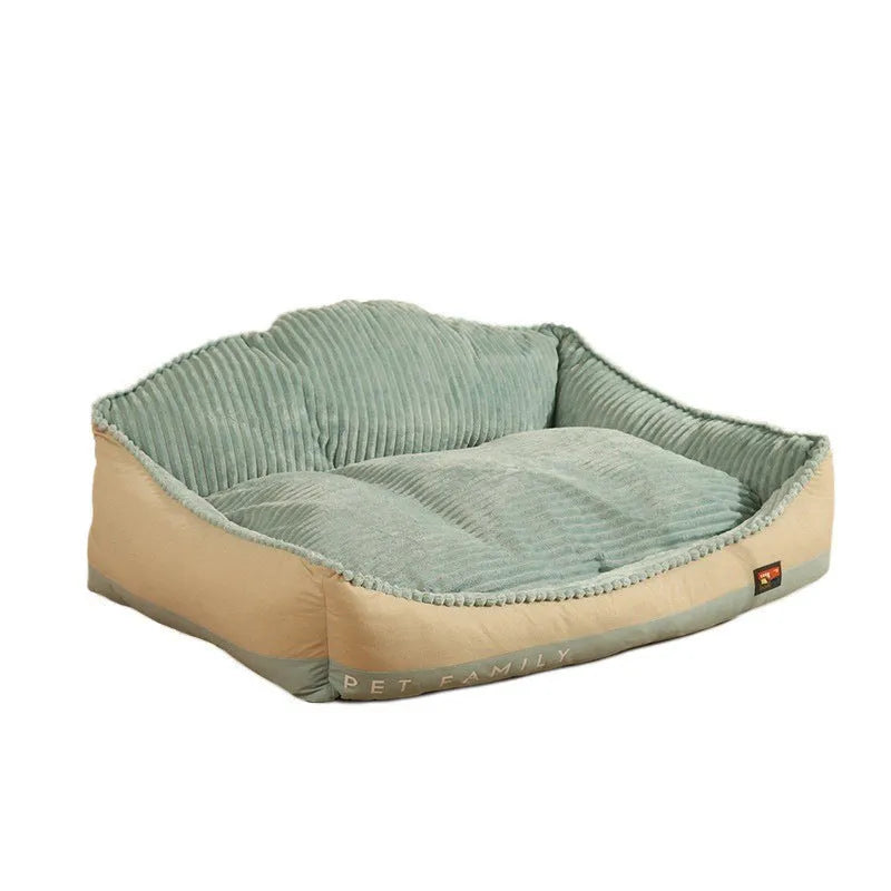 Morandi coloured removable washable dog house sofa bed for pets on a wooden floor.