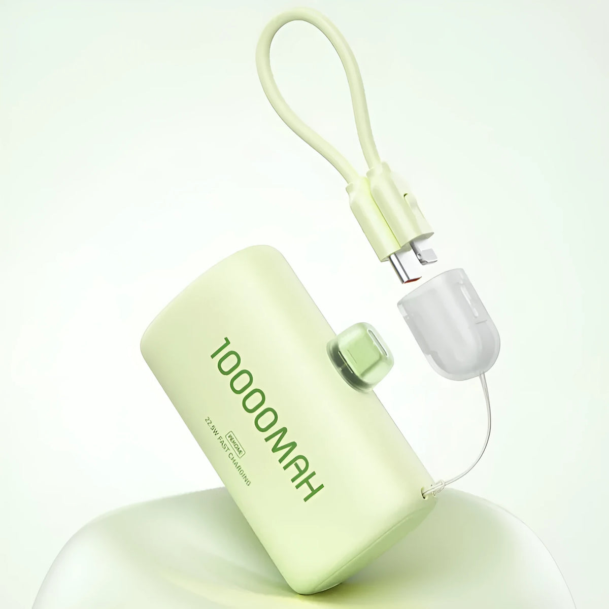 Portable mini capsule power bank in beige with 10000 mAh capacity and compact design