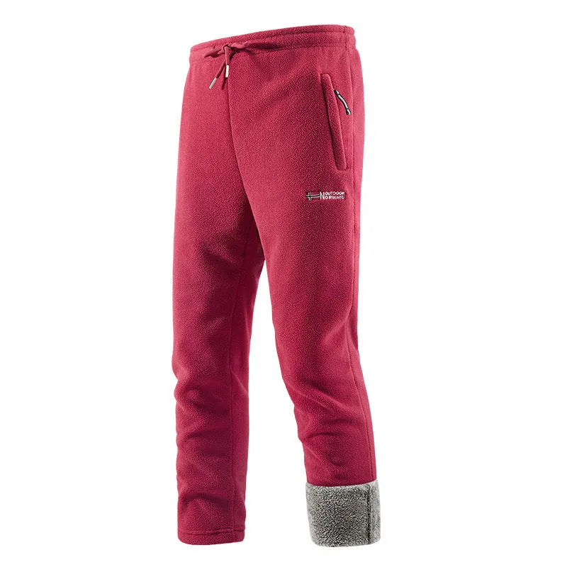 Fleece-lined thickened men's long pants in dark blue with flared low-waist style and patchwork design