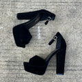 Black suede 13cm chunky heel platform sandals with ankle-strap buckle for women