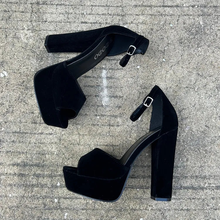 Black suede 13cm chunky heel platform sandals with ankle-strap buckle for women