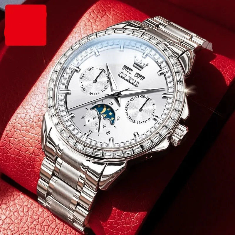 Men's automatic mechanical watch with stainless steel strap, diamond-embedded dial, and transparent case back showing movement