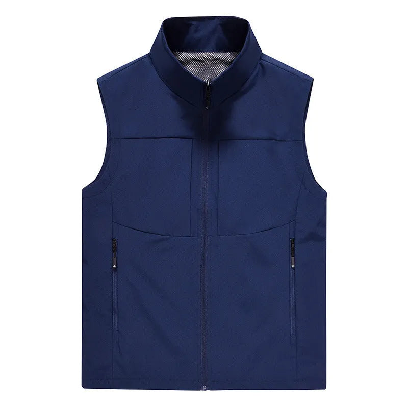 Men's casual polyester vest with a stand collar and zipper pockets in khaki colour.