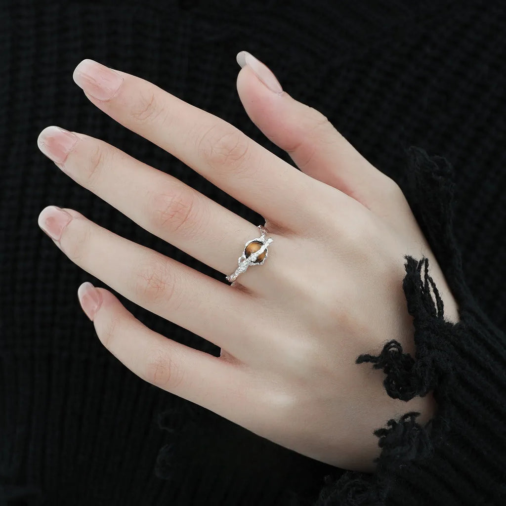 Saturn Tigereye adjustable silver ring with white gold electroplated finish and open design