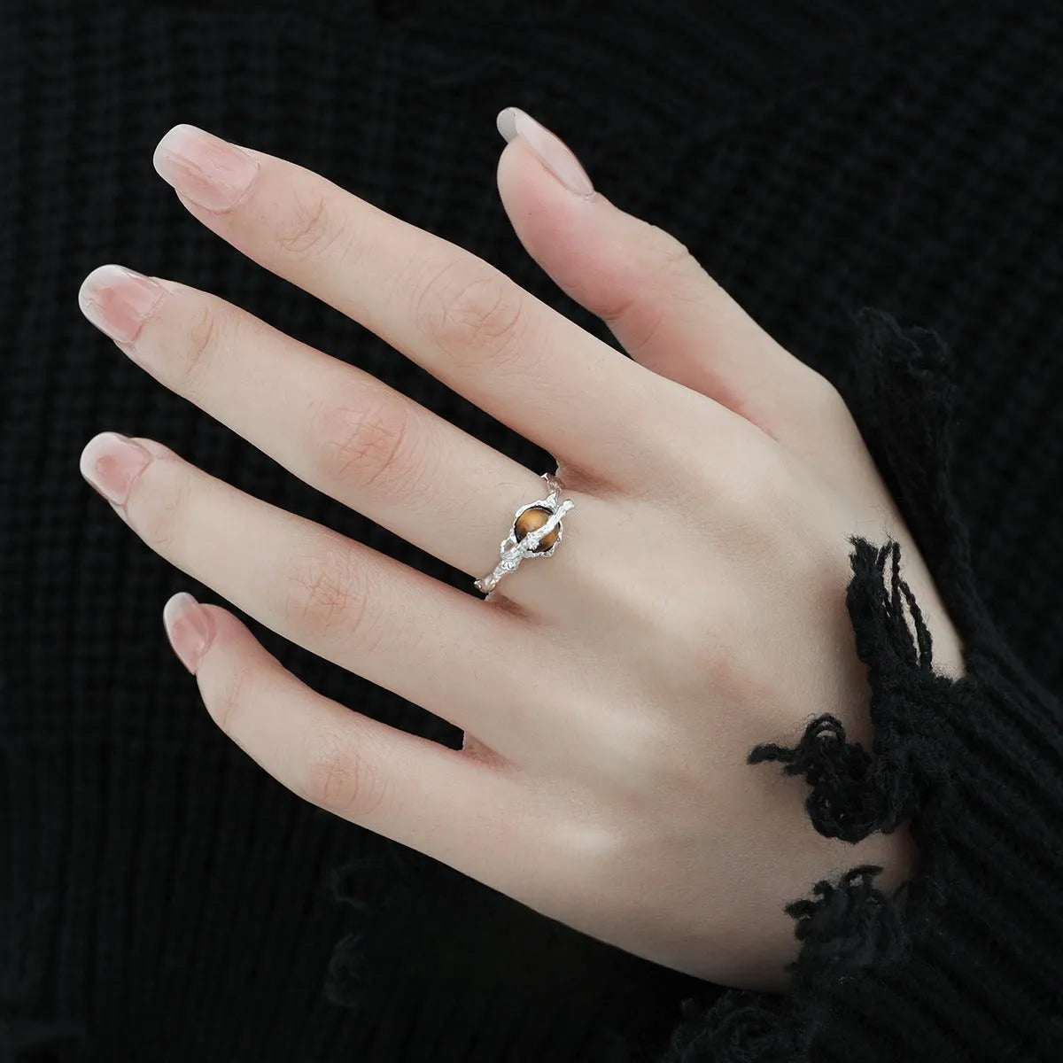 Saturn Tigereye adjustable silver ring with white gold electroplated finish and open design