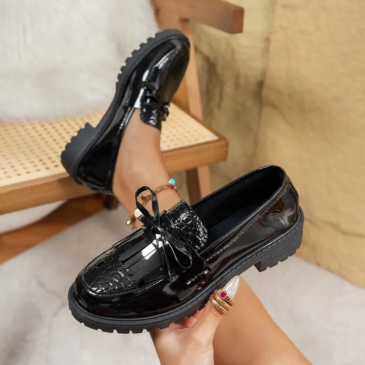 Women's black and brown loafers with bow detail, synthetic PU upper, available sizes 36-43