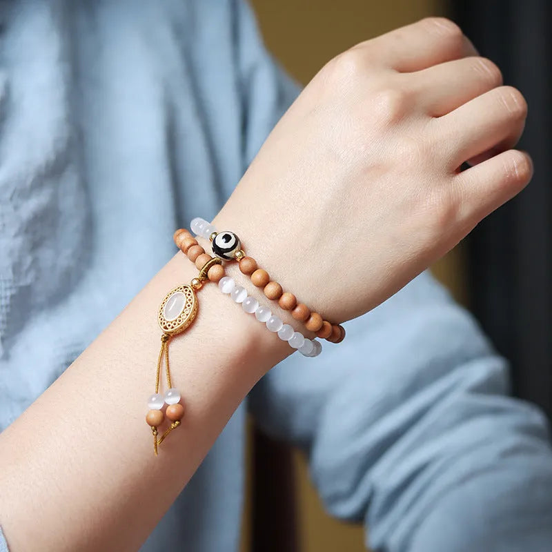Sandalwood opal double ring bracelet with Tibetan beads and polished mixed-material finish