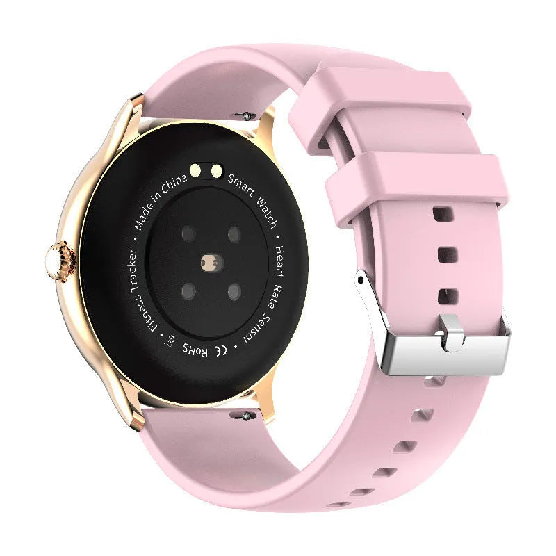 Black blood pressure smart sports watch with silicone strap on a wrist, showing its 1.28-inch touchscreen display.