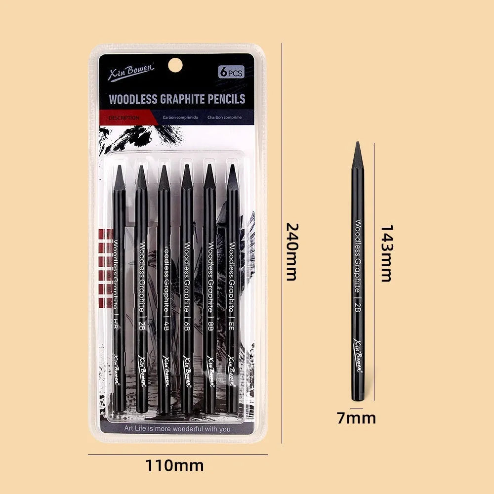 Set of six wood-free graphite sketching pencils with HB, 2B, 4B, 6B, 8B, EE gradings for art.