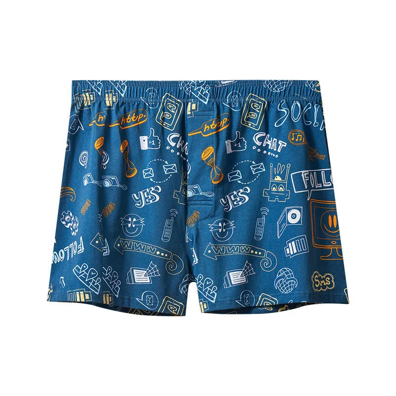 Men's cotton boxer shorts in a patterned design with a mid waistband.