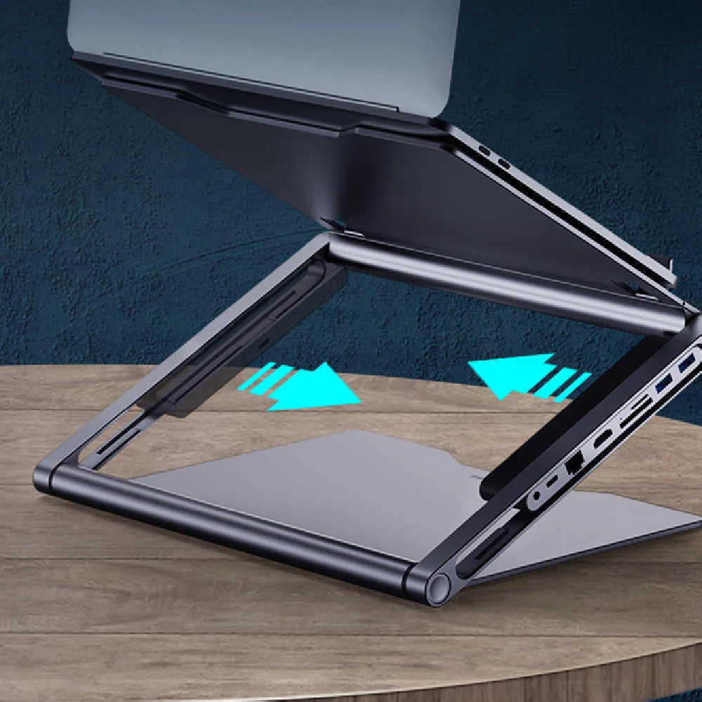 Aluminium alloy laptop stand with 8-in-1 docking station in deep space grey, cave-type design with silicone pads