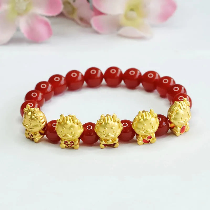 Red agate bracelet with five blessing dragon charm, Chinese cultural jewellery