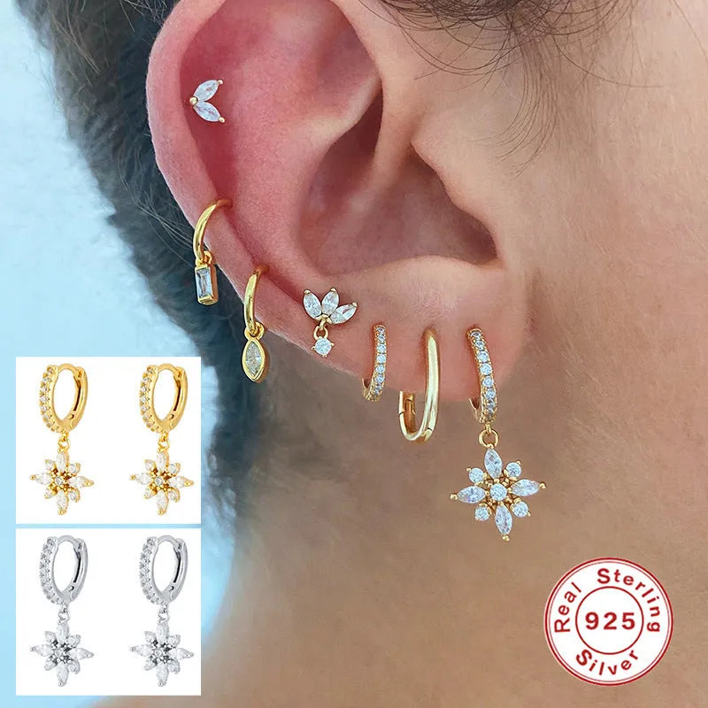 S925 sterling silver snowflake pendant earrings with geometric design and gemstone detail