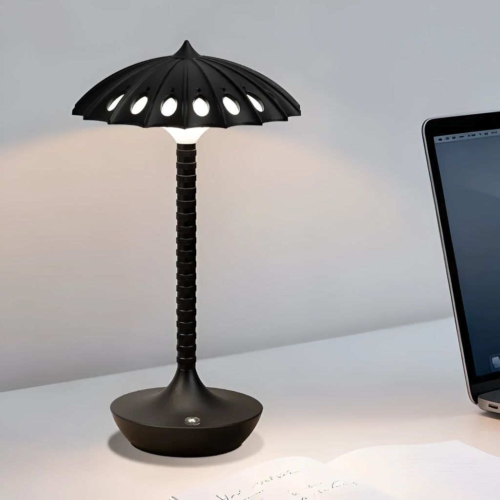 Black touch atmosphere small table lamp with warm 3000K light, geometric 3D cartoon style on bedside table