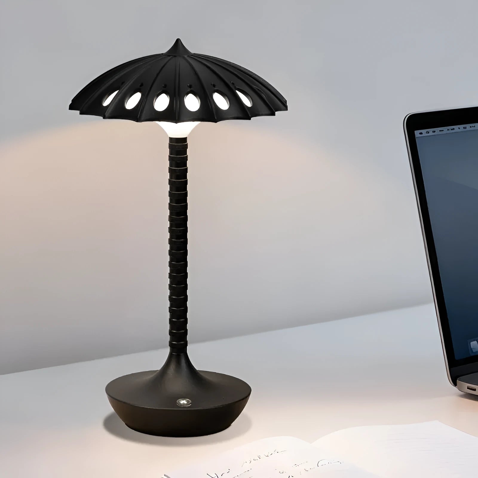 Black touch atmosphere small table lamp with warm 3000K light, geometric 3D cartoon style on bedside table