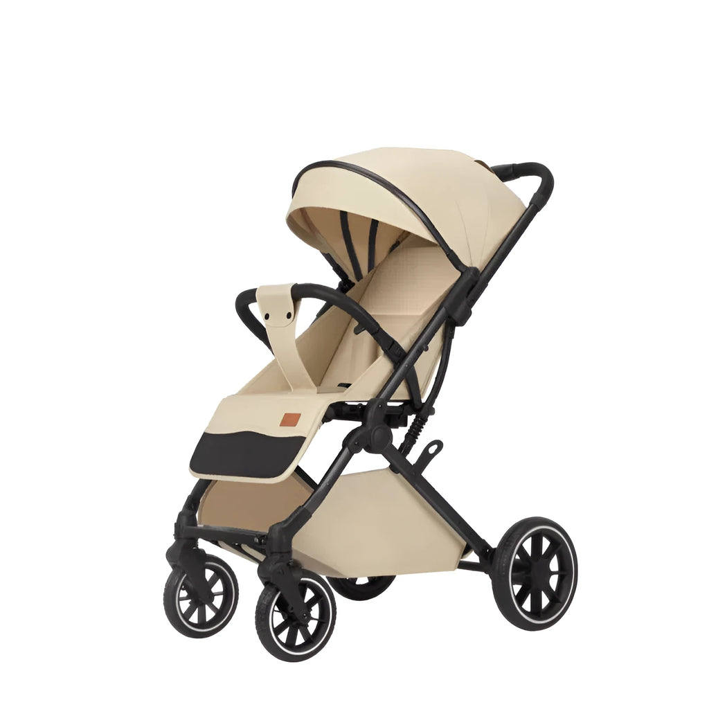 Lightweight folding baby stroller with lie-flat seat and four-wheel shock absorbers, available in black, dark grey, light grey and khaki