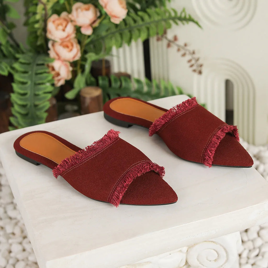 Women's denim slippers with tassel decoration in apricot colour with leather lining