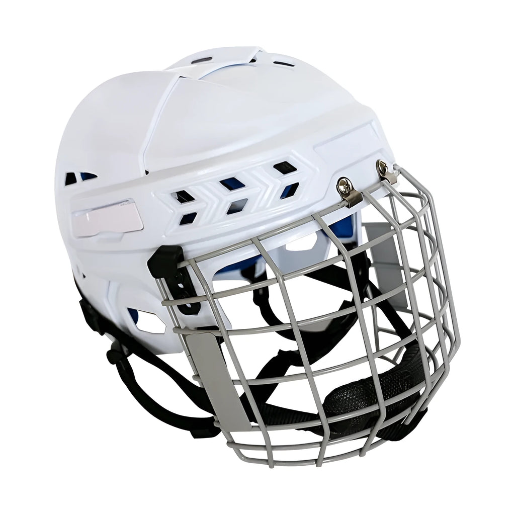Adult ice hockey helmet with a carbon steel face mask, shown in S/M/L/XL sizes.