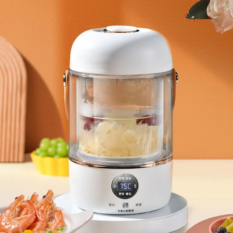 Personal smart electric stew cooker with a transparent Gaopeng glass pot on a fibreglass body.
