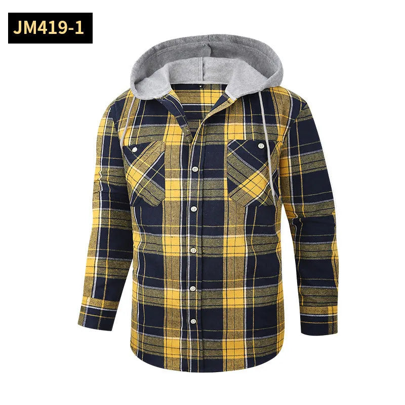 Loose fit casual flannel hooded plaid shirt in polyester with multiple colour options