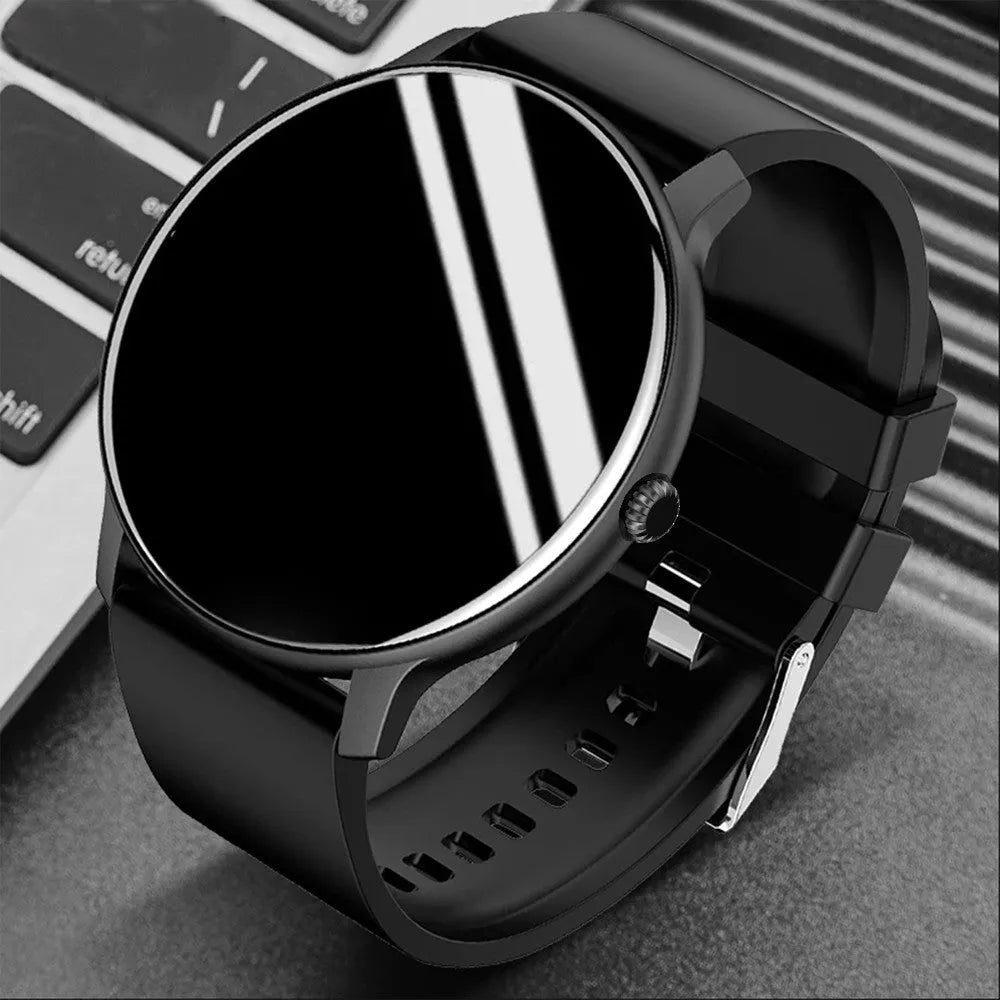 Black blood pressure smart sports watch with silicone strap on a wrist, showing its 1.28-inch touchscreen display.