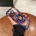 Transparent acrylic iPhone case with four-corner fall protection and built-in lens protector in black.