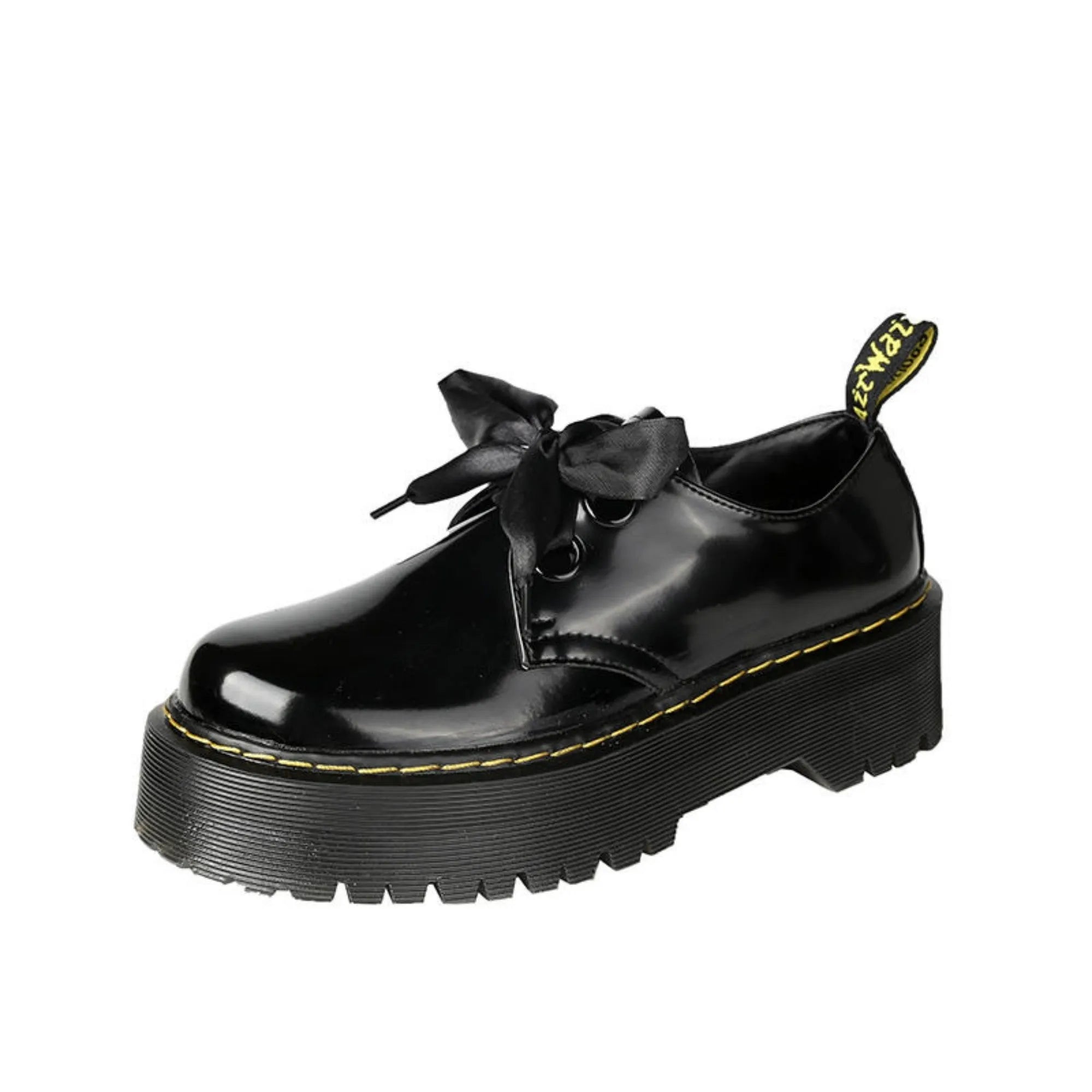 Black women's thick-soled lace-up shoes with ribbon detail on a superfine fibre upper.