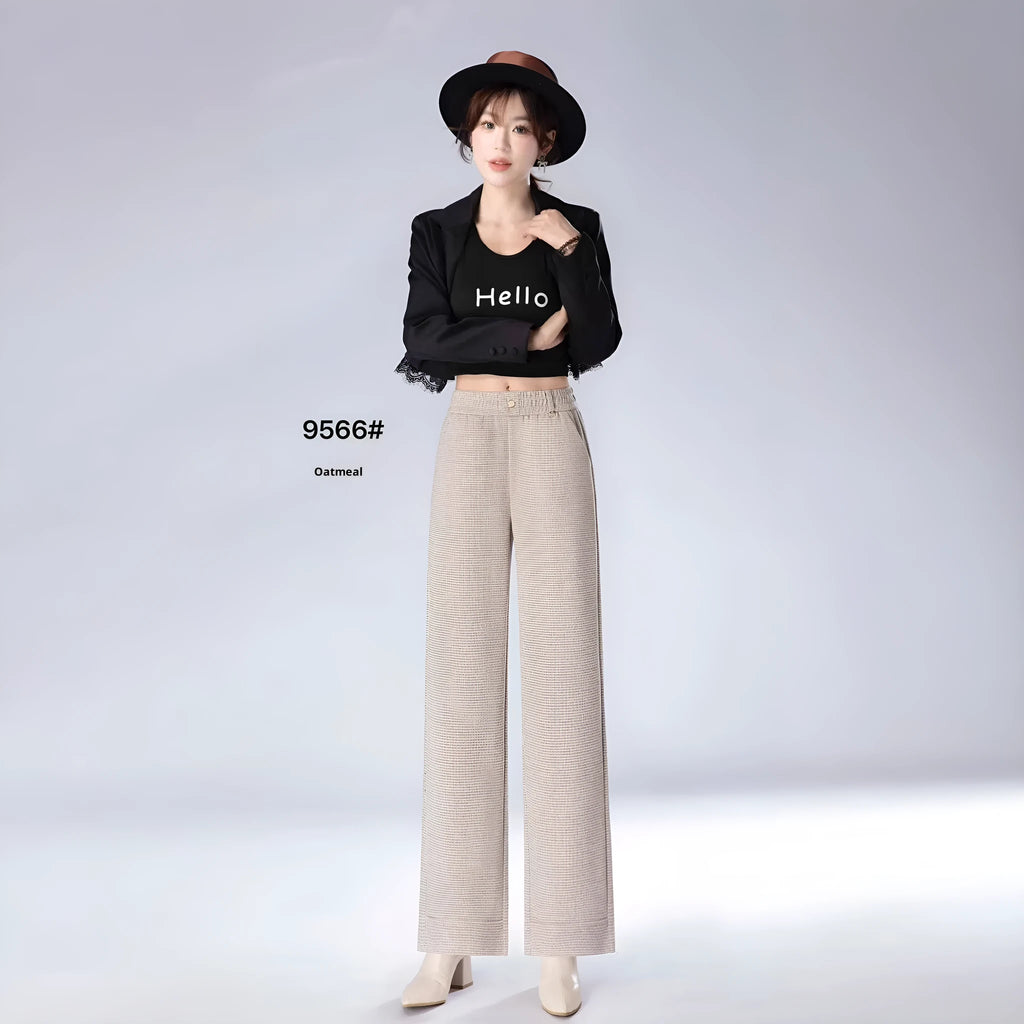 High waist loose straight pants in oatmeal colour with plaid pattern, wool and cashmere blend