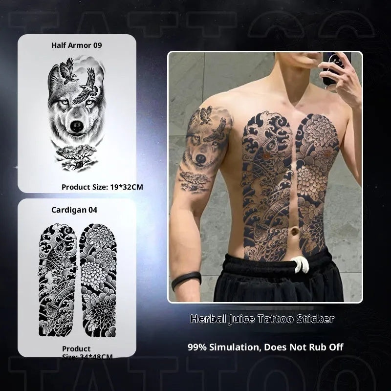 Half a tattoo sticker men's trendy pattern advanced simulation water transfer Chinese style 19x32CM