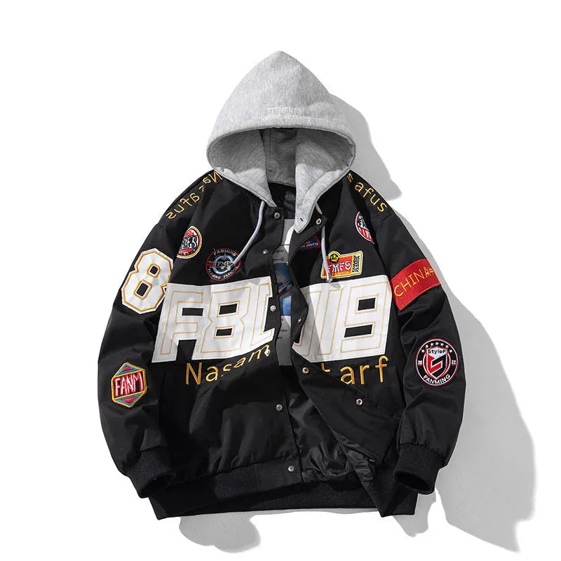 Black cotton-padded American motorcycle baseball jacket with a removable hood and side pockets.