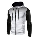 Men's zipper hooded panel sweatshirt in polyester, shown in blue, dark grey, red and white, sizes S to 3XL