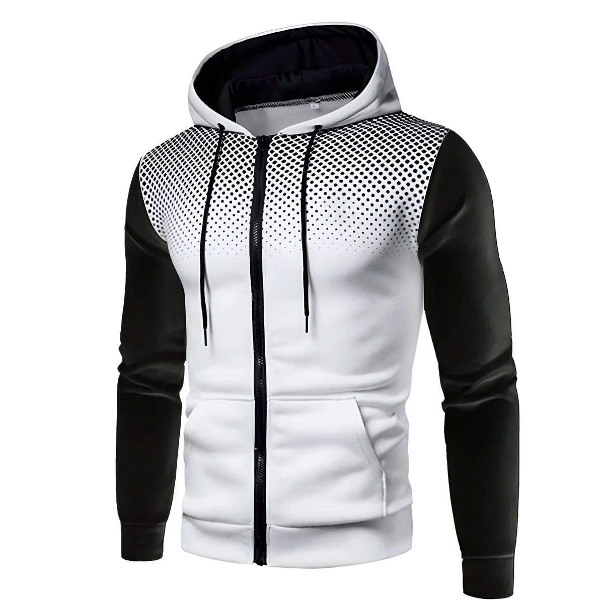 Men's zipper hooded panel sweatshirt in polyester, shown in blue, dark grey, red and white, sizes S to 3XL