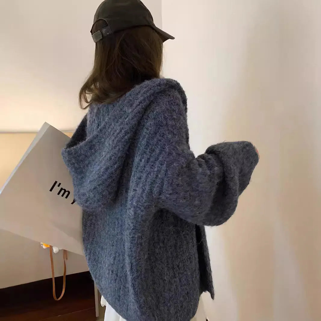 Women's thick hooded cardigan in loose fit, shown in dark grey, brown, and milky white solid colours.