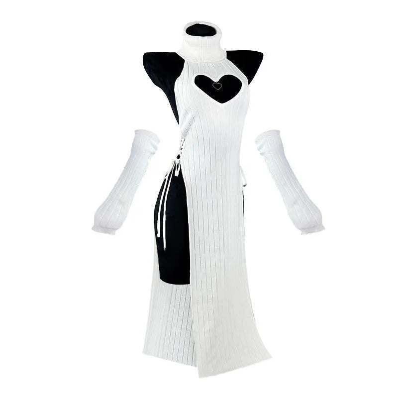 Women's solid colour fleece lined Lycra cheongsam dress with heart-shaped high-neck for casual wear
