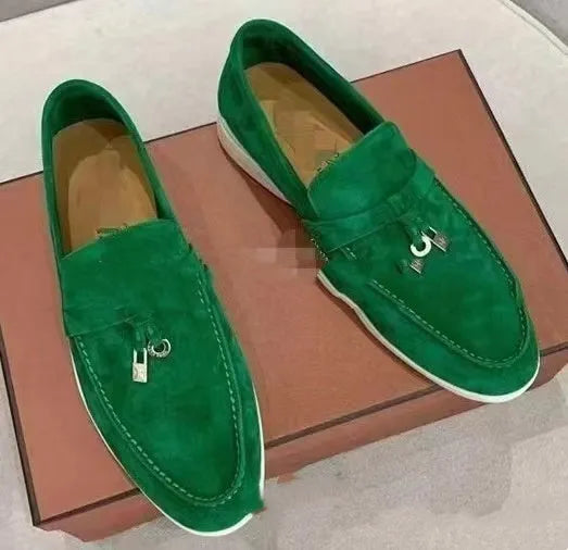 Gommino slip-on loafers with high-top design, round toe with steel head, and sewing line detail on artificial PU upper