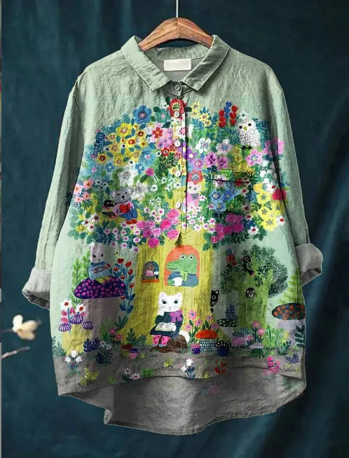 3D printed long sleeve pullover shirt with animal print and flower pattern, polyester fabric, regular fit