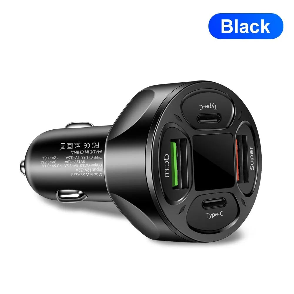 66W digital display car charger with two USB and two Type-C ports for vehicle fast charging