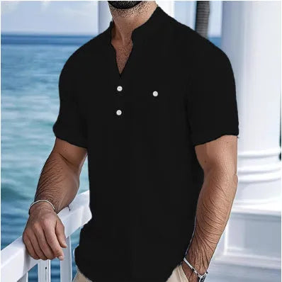 Men's linen blend stand collar t-shirt in loose pullover style available in multiple colours