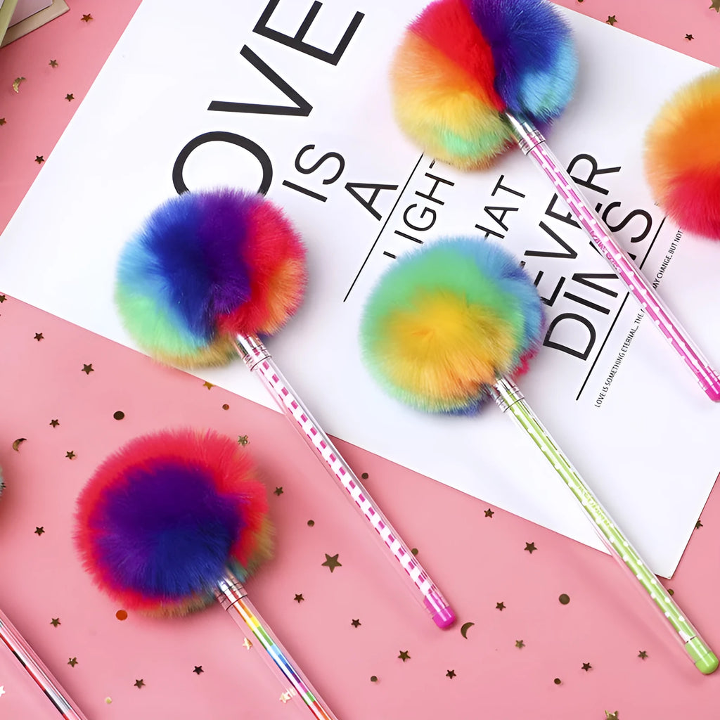 Student creativity colour pompon gift pen with fur ball, cartoon style, 23cm plastic shell
